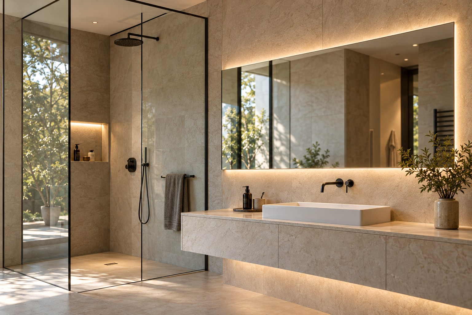 Badezimmer mit beleuchtetem Spiegel und Glasdusche